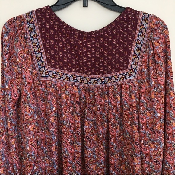 Gap Boho Burgundy paisley top long sleeve crew neck Relaxed Fit blouse - Picture 6 of 16